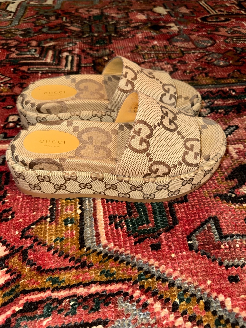 Gucci Beige GG Canvas Platform Slide Sandals with Brown Logo